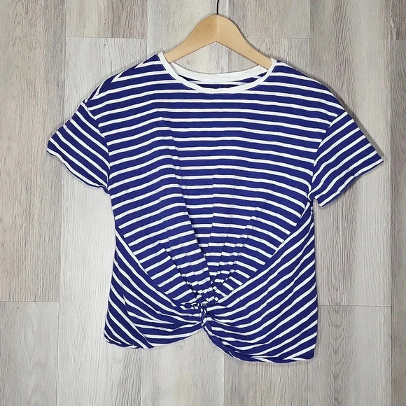 🛍A New Day Blue‎ White Stripe Short Sleeve Knotted Front Blouse Womens Size XS - Picture 1 of 7